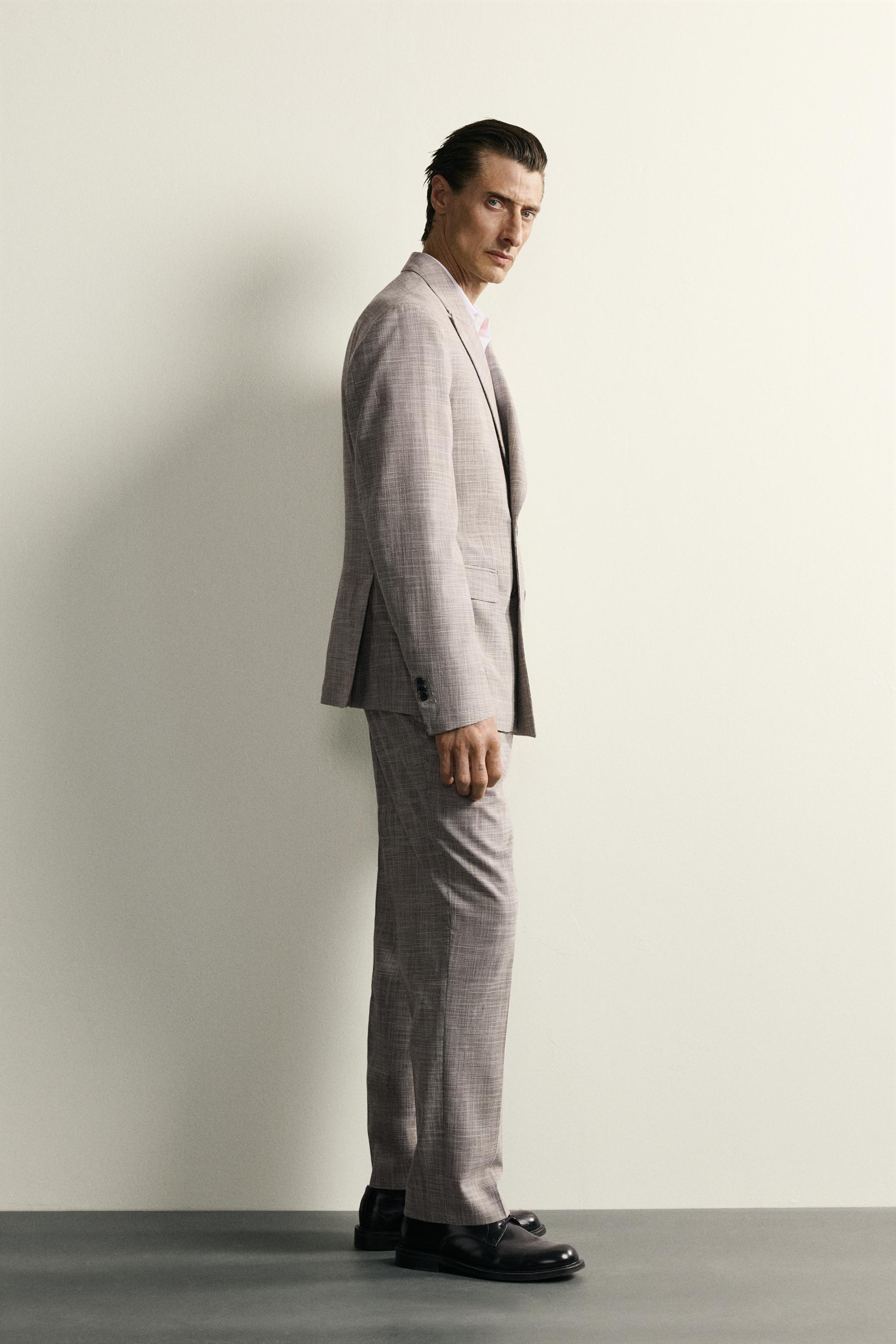 CHECKED WOOL BLEND PLEATED SUIT PANTS